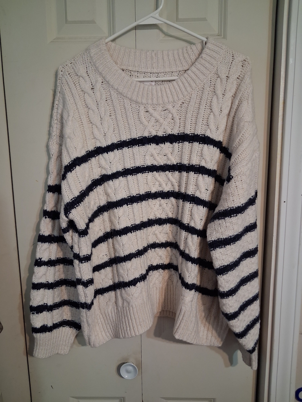 LC Lauren Conrad Cream Cable Knit Crewneck with Black Stripes
